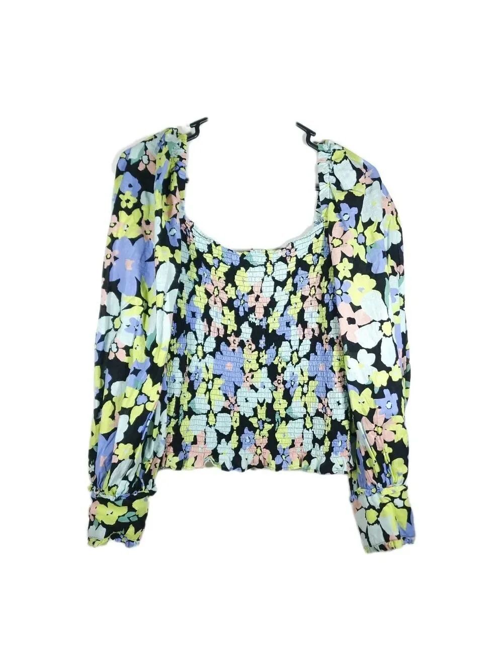 Free People Ariana Women's Sz L Multicolor Floral Smocked Puff Sleeve Crop Top